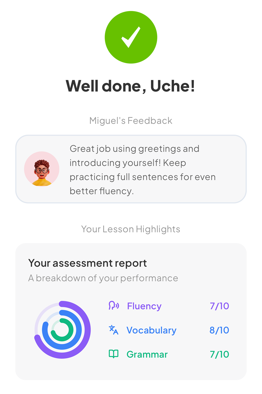 Personalized learning cards interface